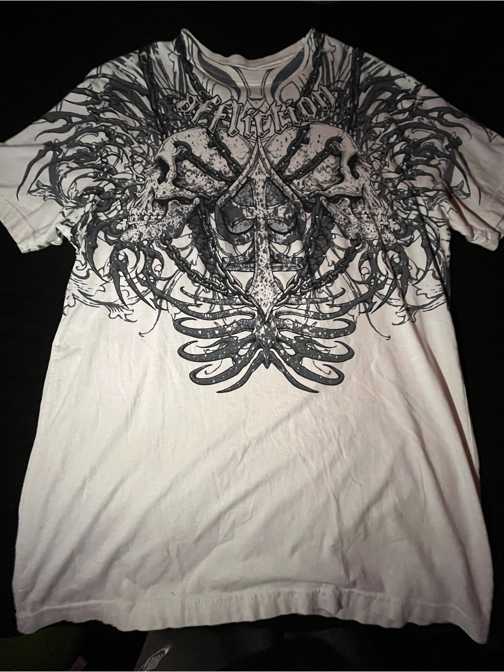Affliction White and Black Short Sleeve Skull Ribcage Graphic Tee